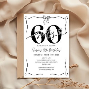 Minimalist Black White Party 60th Birthday Invitation Women, Hand Drawn Bow 60 Party Invite for Her Printable, Editable Sixty, Corjl PP88