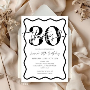 May include: Black and white birthday invitation with a large number 30 and the text "thirty" in a script font. The invitation is for Lauren's 30th birthday party on Saturday, April 10th, 2024 at 6:00 PM. The party will be held at Glenvale Hall, 18 Spencer Street, Surrey Hills. RSVP by April 1st to Joanne 0123 456 789.