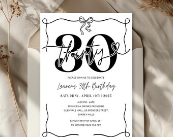 Minimalist Black White Party 30th Birthday Invitation Women, Hand Drawn Bow 30 Party Invite for Her Printable, Editable Thirty, Corjl PP88