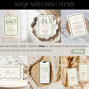 May include: A collection of party stationery with a green wavy border. Items include birthday invitations, menus, place cards, and thank you tags. The text "SHOP MATCHING ITEMS" and "FIND MATCHING ITEMS - SEARCH PP84" are visible.