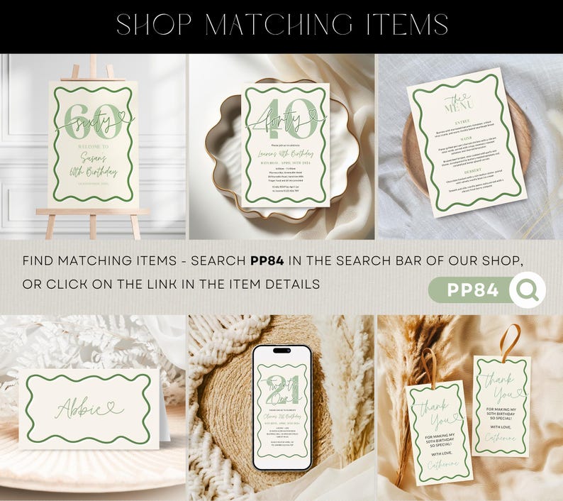May include: A collection of party stationery with a green wavy border. Items include birthday invitations, menus, place cards, and thank you tags. The text "SHOP MATCHING ITEMS" and "FIND MATCHING ITEMS - SEARCH PP84" are visible.