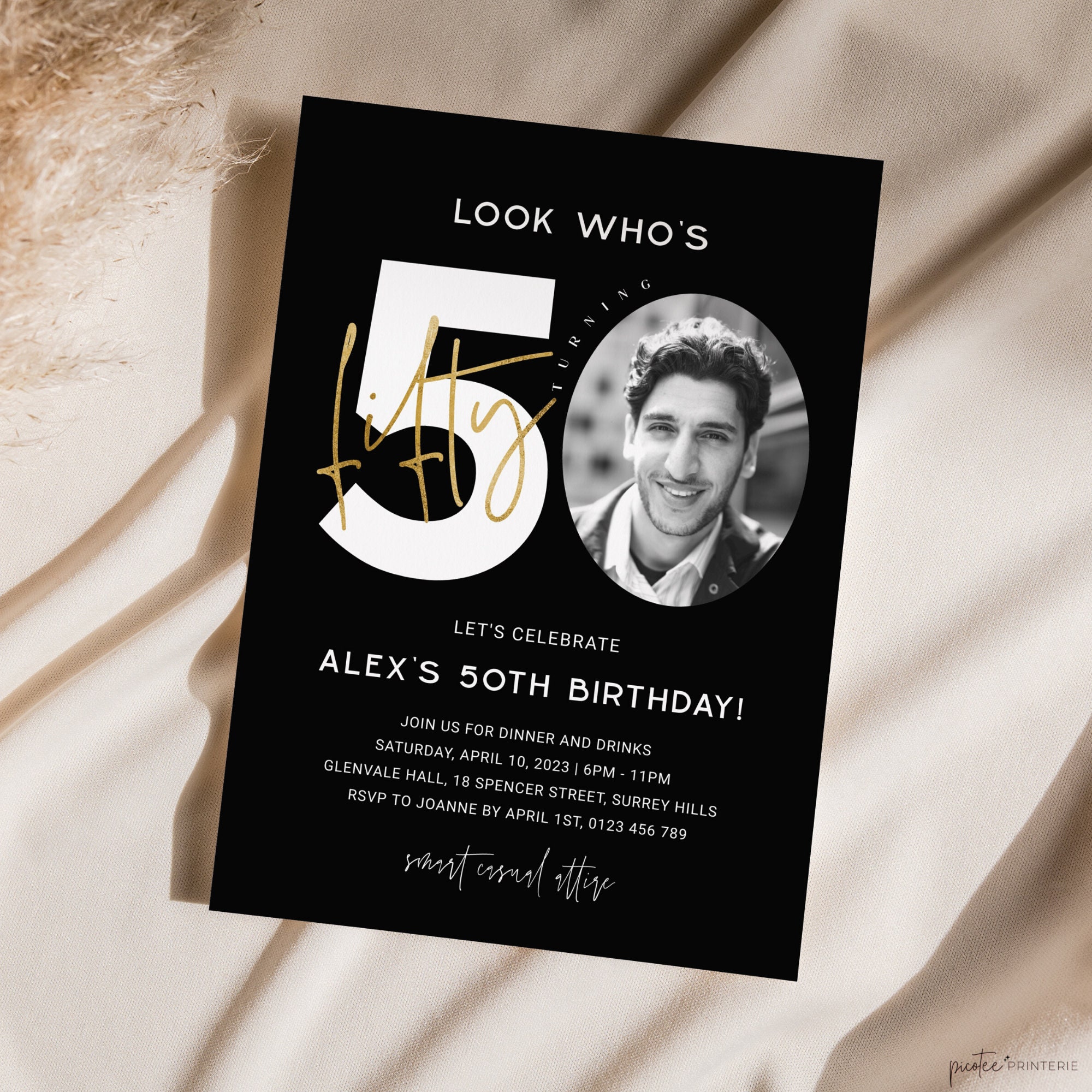 50th Birthday Party Invitation With Photo, Minimalist Men Black
