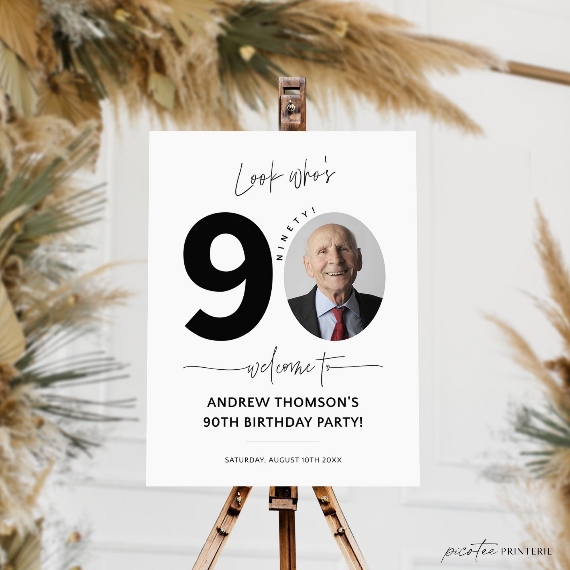 90th Birthday Welcome Sign with Photo, Look Who's 90 Poster, Modern Men's Party Welcome, Editable Welcome Board for Him, Ninety, Corjl PP39
