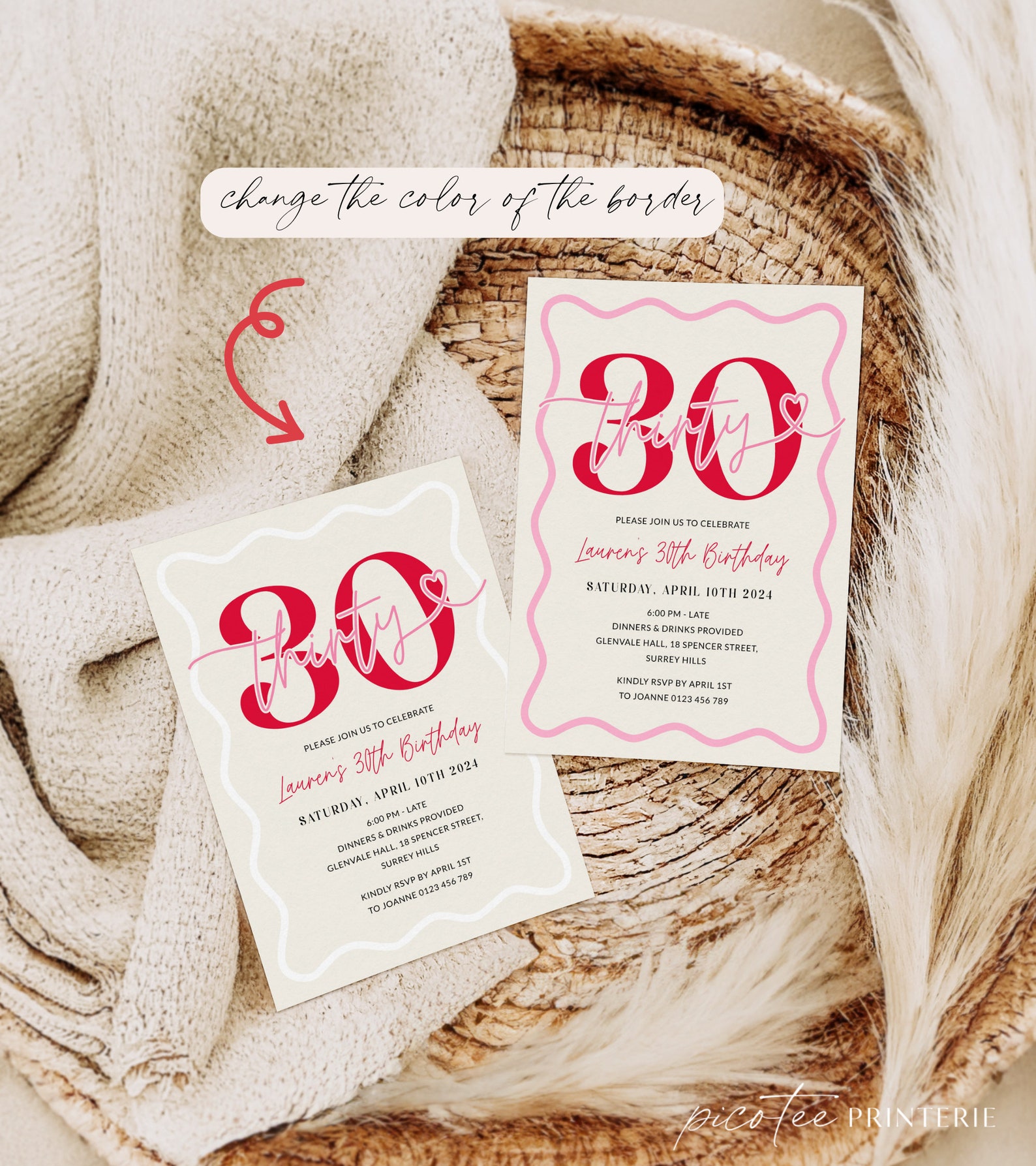 Digital Wavy Border 30th Birthday Invitation Women, Modern Scalloped ...
