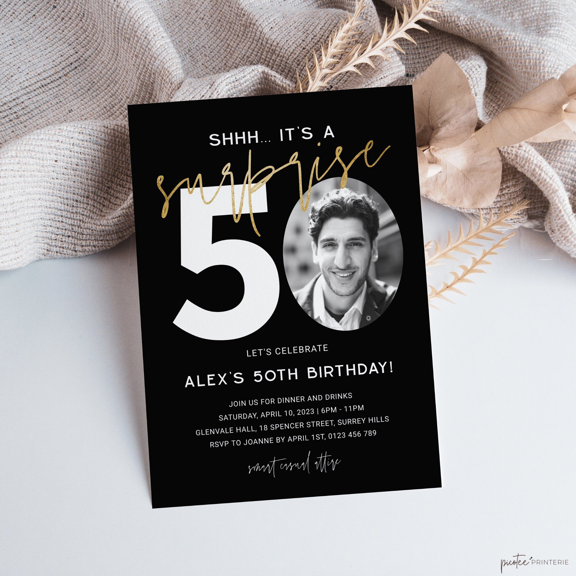 Surprise 50th Birthday Invitation For Him, Minimalist Men Fifty Photo Invite, Shhh It's A Surprise, Editable Evite, Black Gold, Corjl PP64