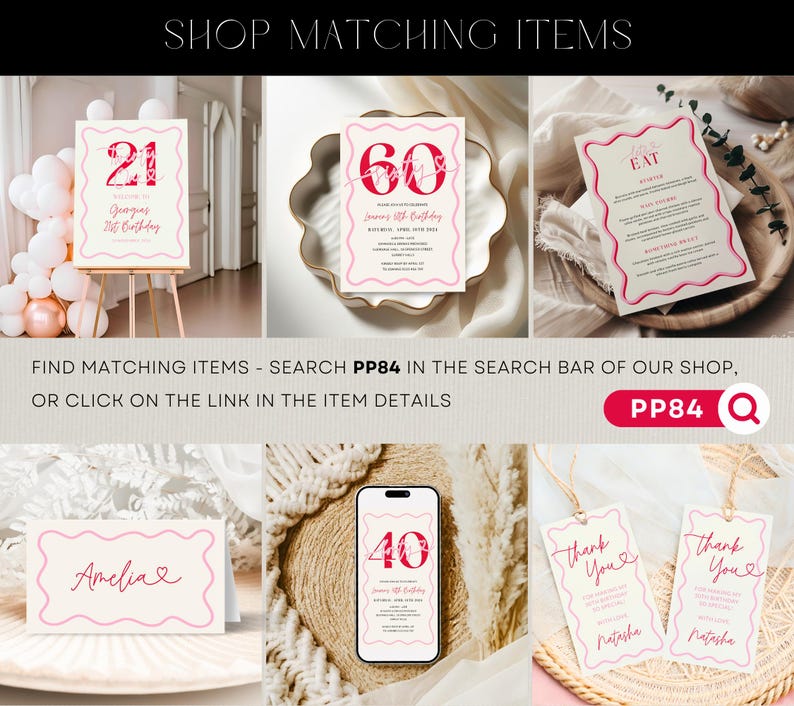 Wavy Border 50th Birthday Invitation Women, Modern Scalloped 50th Party Invite for Her Printable, Editable 50th Digital, Red Pink Corjl PP84 immagine 8
