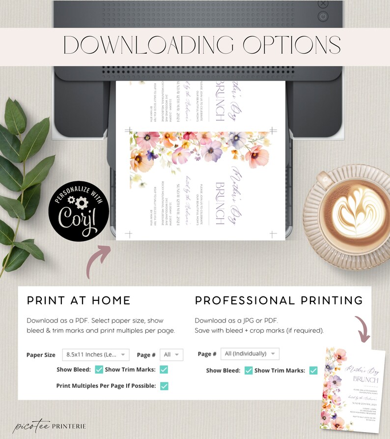 May include: A printable invitation for a Mother's Day brunch. The invitation features a floral design with pink, purple, and orange flowers. The text on the invitation reads "Mother's Day Brunch" and includes the date and time of the event. The invitation is available for download as a PDF or JPG file.