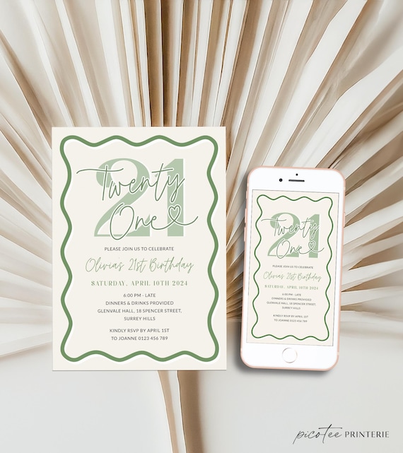 Wavy Border 21st Birthday Invitation For Her, Sage Green Scalloped 21st Party Invite Girl, Twenty One, Editable 21st Digital, Corjl PP84