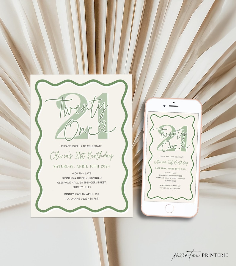 Peut inclure: Une invitation num&eacute;rique pour une f&ecirc;te de 21e anniversaire. L'invitation est de couleur beige clair avec du texte vert et un c&oelig;ur vert. Le texte dit "Twenty One" et comprend la date, l'heure, le lieu et les informations de RSVP.