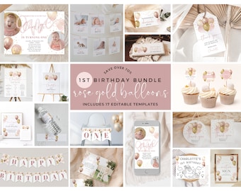 Pink Rose Gold Balloon 1st First Birthday Bundle Package, Girls Invitation, Party Pack Decor, Editable Invite, Instant Download, Corjl PP029