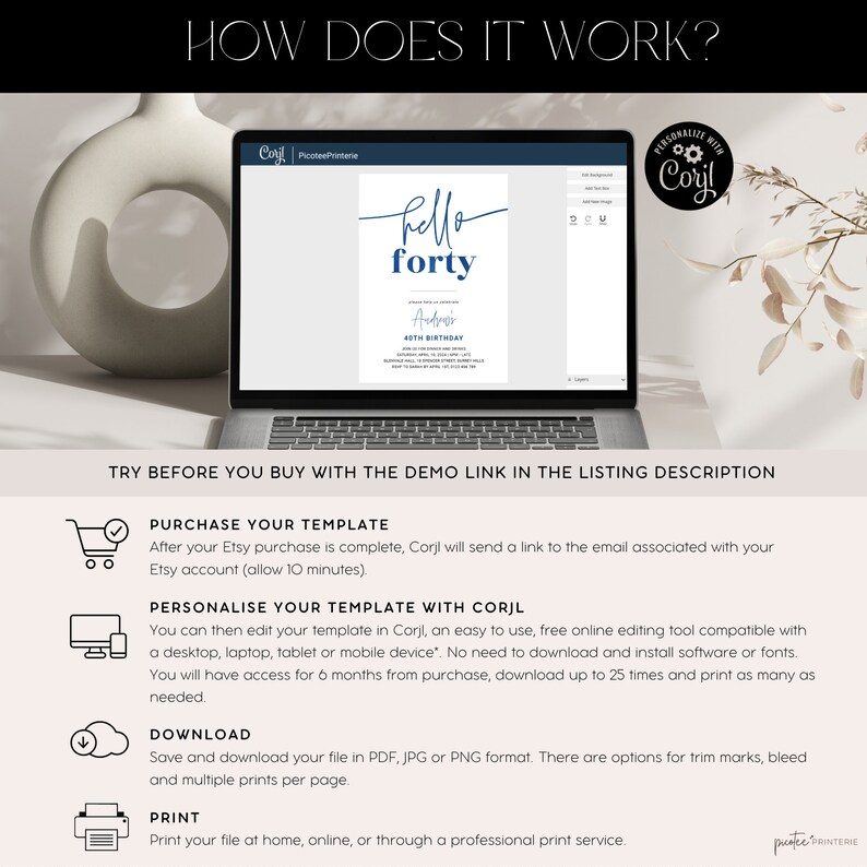 May include: A laptop screen displaying a digital invitation template for a 40th birthday party. The template features a blue and white color scheme with the text "hello forty" in a handwritten font. The text "Personalize with Corjl" is displayed in a circle with a gear icon. The text "Try before you buy with the demo link in the listing description" is displayed below the laptop.
