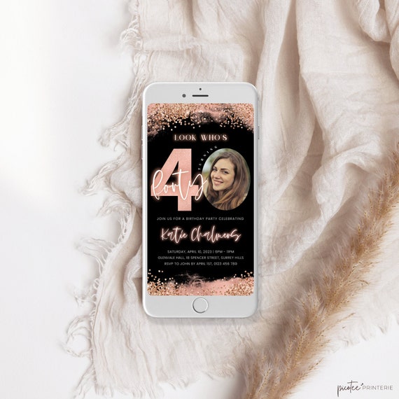 Rose Gold 40th Birthday evite, 40 Birthday Invitation for Women, Digital Forty Invite with Photo, Electronic, Editable Template, Corjl PP46