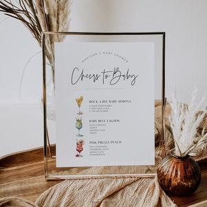 Drink Menu Template Baby Shower, Minimalist Drinks Menu Sign, Editable Signature Drinks, Cheers to Baby Cocktail, Modern Bar Menu Corjl PP63