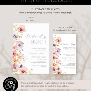 May include: A printable invitation template for a Mother's Day brunch. The invitation features a floral design with pink, purple, and yellow flowers. The text on the invitation reads "Mother's Day Brunch" and includes details about the event, such as the date, time, and location.