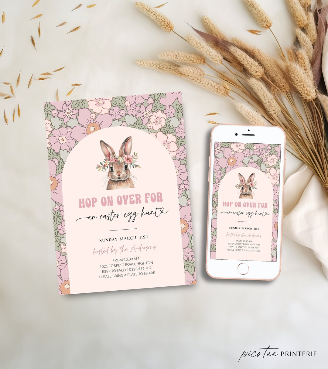 Easter Egg Hunt Brunch Invitation, Floral Hop on Over Easter ...