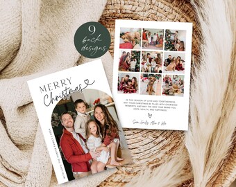 Editable Merry Christmas Card Photo Collage Template, Modern Arch Christmas Photo Card, Custom Family Holiday Card Printable, Corjl PP78