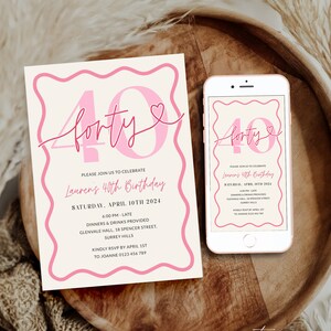 May include: Pink and white birthday invitation with a cursive font that says "forty" with a heart. The invitation is for Lauren's 40th birthday party on Saturday, April 10th, 2024 at 6:00 PM. The party will be held at Glenvale Hall, 18 Spencer Street, Surrey Hills. Dinners and drinks will be provided. RSVP by April 1st to Joanne 0123 456 789.