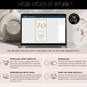 May include: A laptop displays a green and white 70th birthday invitation template. The image includes instructions on how to purchase, personalize, download, and print the template. The text "HOW DOES IT WORK?" is at the top.