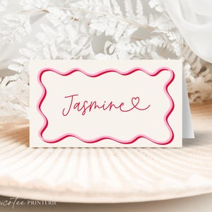 Pink And Red Wavy Place Cards Template, Wavy Border Folded Name Cards, Scalloped Border, Printable Tent Seating Card, Wave Card, Corjl PP84