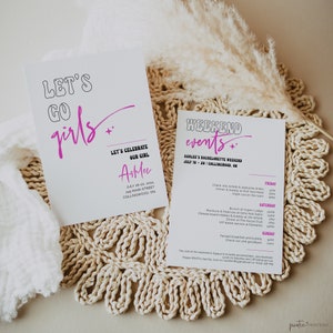 May include: Two white cards with black and pink text. The first card says "Let's go girls" with a pink star. The second card says "Weekend events" with a pink star. The second card lists a weekend schedule for a bachelorette party for Asmer, July 18-20, 2024 in Collingwood, ON.