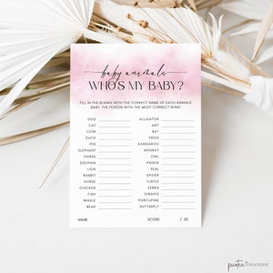 Who&#39;s My Baby Baby Shower Game, Baby Animals, Minimalist Baby Shower Activity Girl, Dusty Pink, Who Is My Mama, Animal Match, Corjl PP55