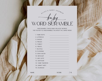 Baby Word Scramble Game, Minimalist Baby Shower, Baby Word Scramble Template, Printable, Gender Neutral Shower, Instant Download, Corjl PP50