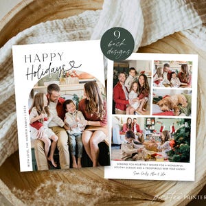 Modern Happy Holidays Card Photo Template, Arch Family Christmas Photo Collage Card, DIY Editable Holiday Greetings Printable, Corjl PP78