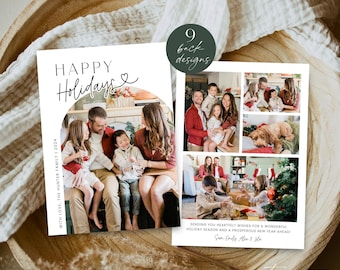 May include: A white Christmas card with a photo of a family of four. The card has a handwritten message that says "Happy Holidays" with a heart. The back of the card has a collage of photos of the family and their dog.