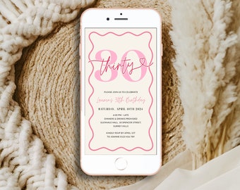 Digital Wavy Border 30th Birthday Invitation Women, Pink Modern Scalloped 30th Phone Invite for Her, Editable Thirty, Electronic, Corjl PP84