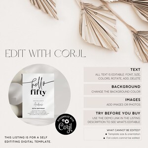 Puede incluir: Plantilla digital editable para una invitaci&oacute;n a una fiesta de cumplea&ntilde;os n&uacute;mero 50. El dise&ntilde;o presenta un esquema de color blanco y negro con el texto "hello fifty" y un nombre personalizado. La plantilla es personalizable con Corjl.