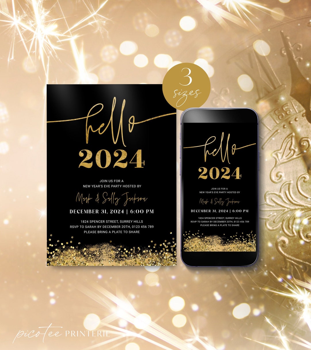 Hello 2024 NYE Invitation, New Years Eve 2024 Invitation Template