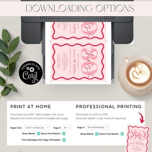 May include: Printable 30th birthday invitation template with pink and red color scheme. The invitation features the text "Thirty" with a heart and a wavy border. The text "Download Options" is at the top of the image. The image also includes instructions for printing at home and professional printing.
