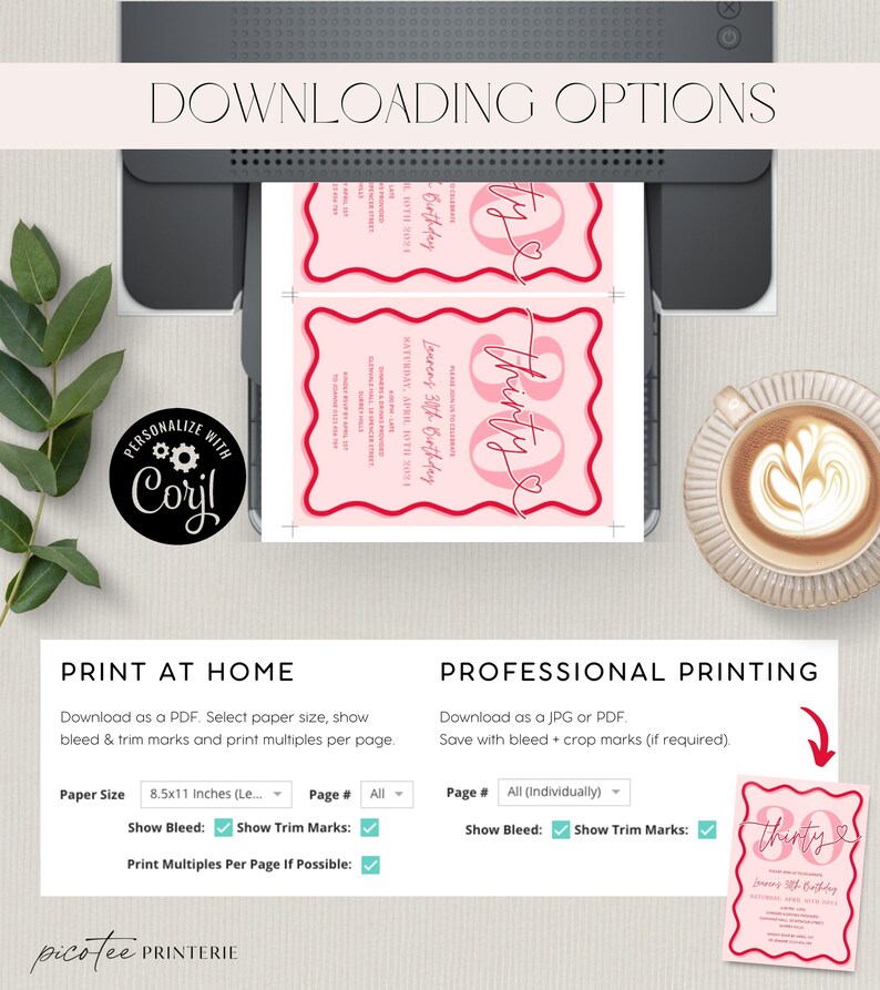 May include: Printable 30th birthday invitation template with pink and red color scheme. The invitation features the text "Thirty" with a heart and a wavy border. The text "Download Options" is at the top of the image. The image also includes instructions for printing at home and professional printing.