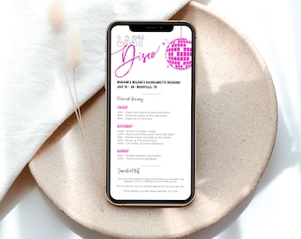 Digital Last Disco Bachelorette Invite Template, Last Disco Itinerary Evite, Bach Itinerary Invitation, Disco Ball, Retro, 70s, Corjl PP61