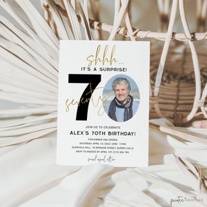 Surprise Birthday Invitation Adult, Minimalist 70th Birthday Invitation with Photo, Mens Birthday Invite, Shhh, Instant Download, Corjl PP45