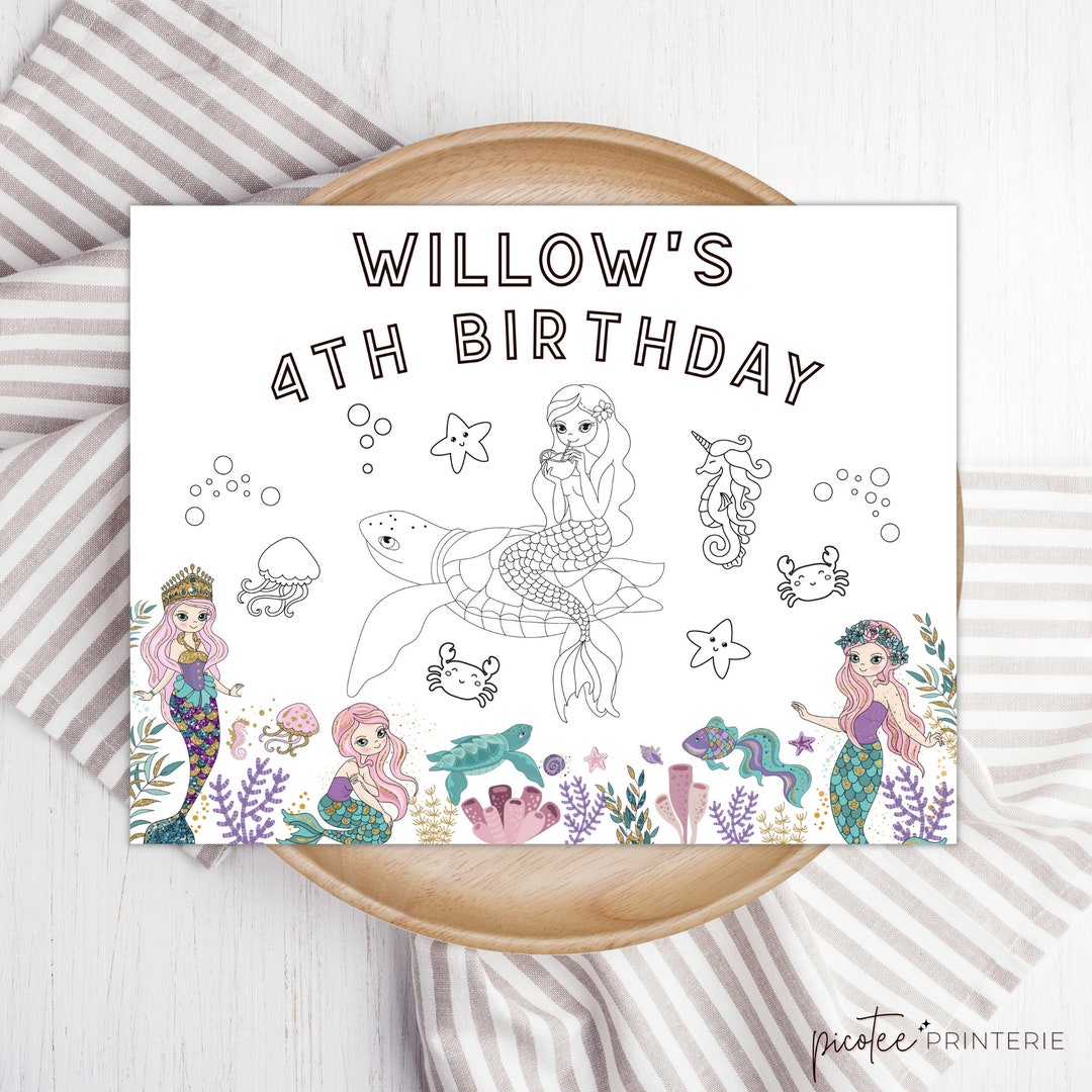 Mermaid Coloring Placemat Template, Editable Printable Instant Digital ...