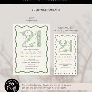 Peut inclure: Mod&egrave;le d'invitation d'anniversaire &eacute;ditable pour un 21e anniversaire en vert et blanc avec le texte "Twenty One" et un c&oelig;ur. Le mod&egrave;le mesure 5x7 pouces et peut &ecirc;tre imprim&eacute; ou envoy&eacute; &eacute;lectroniquement.
