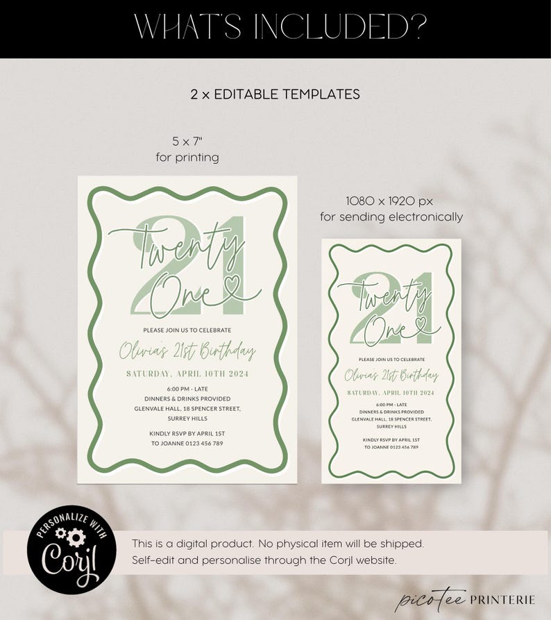 Peut inclure: Mod&egrave;le d'invitation d'anniversaire &eacute;ditable pour un 21e anniversaire en vert et blanc avec le texte "Twenty One" et un c&oelig;ur. Le mod&egrave;le mesure 5x7 pouces et peut &ecirc;tre imprim&eacute; ou envoy&eacute; &eacute;lectroniquement.