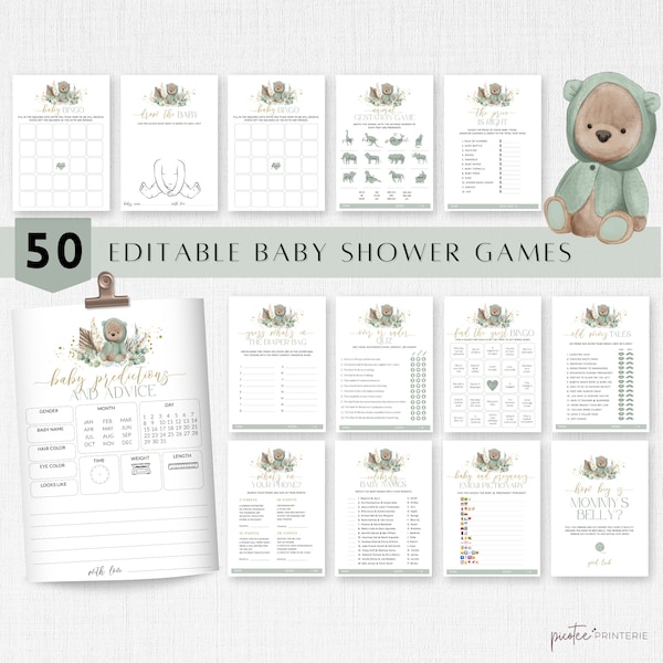 Editable Bear Baby Shower Games, Boho Baby Shower Games Bundle, Sage Green Bear, Pampas Grass, We Can Bearly Wait, Bingo, Emoji, Corjl PP51