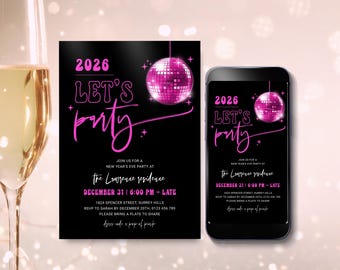 Disco Ball New Years Eve Invitation Template 2026, Pink Neon NYE Party Invite, New Year Celebration Download, Let's Party, Editable in Corjl