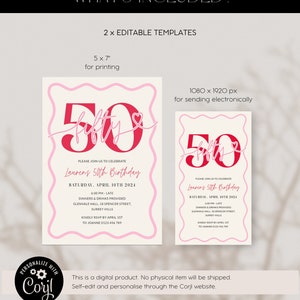 Pu&ograve; includere: Due modelli modificabili per un invito al 50&deg; compleanno. L'invito presenta un design rosa e rosso con il numero 50 e le parole "fifty" in un font corsivo. Il testo sull'invito recita: "Si prega di unirsi a noi per celebrare il 50&deg; compleanno di Lauren. Sabato 10 aprile 2024. 18:00 - tardi. Cena e bevande incluse. Glenvale Hall, 18 Spencer Street, Surrey Hills. Si prega di confermare la propria presenza entro il 1&deg; aprile a Joanne al 0123 456 789."