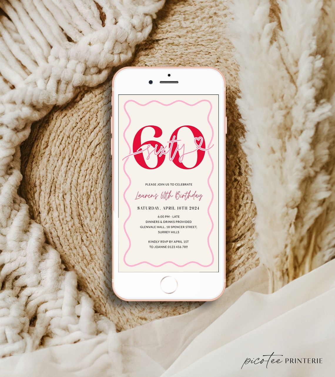 Wavy Border 60th Birthday Invitation Women, Modern Scalloped 60th Party ...