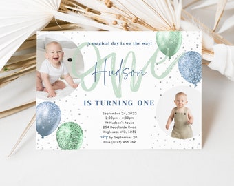 May include: A blue and green birthday invitation with a photo of a baby boy. The invitation says "A magical day is on the way! One Hudson is turning one." The invitation also includes the date, time, and location of the party.