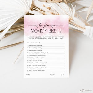 Who Knows Mommy Best Baby Shower Game, Minimalist Games Printable, Editable Game Card, How Well Do You Know, Boho Pink, Download, Corjl PP55