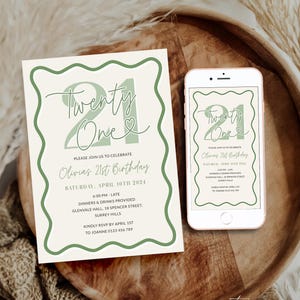 Peut inclure: Une invitation verte et blanche pour un 21e anniversaire. L'invitation pr&eacute;sente le texte "Twenty One" dans une police d'&eacute;criture manuscrite avec un symbole de c&oelig;ur. L'invitation comprend la date, l'heure, le lieu et les informations de RSVP.