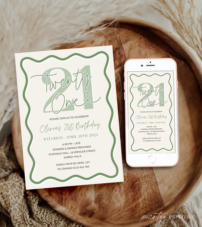 Peut inclure: Une invitation verte et blanche pour un 21e anniversaire. L'invitation pr&eacute;sente le texte "Twenty One" dans une police d'&eacute;criture manuscrite avec un symbole de c&oelig;ur. L'invitation comprend la date, l'heure, le lieu et les informations de RSVP.
