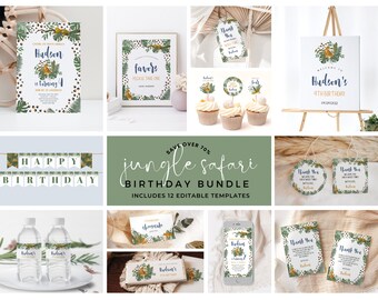 May include: A printable jungle safari birthday party bundle with 12 editable templates. The bundle includes a welcome sign, thank you tags, cupcake toppers, water bottle labels, favour tags, and a banner that says "Happy Birthday".