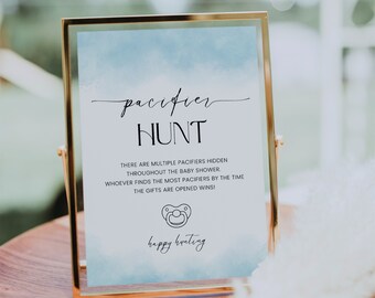 Pacifier Hunt Baby Shower Game, Printable Pacifier Hunt Sign, Blue Baby Decor Boy, Editable Find The Pacifiers, Boho Template, Corjl PP65