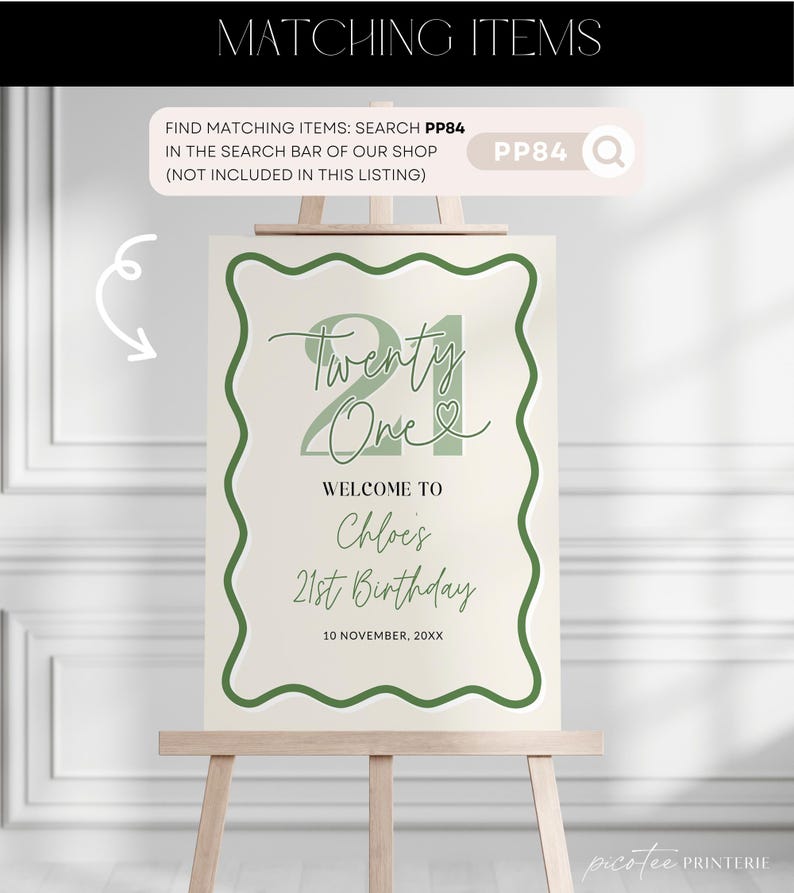 Peut inclure: Une affiche imprimable pour une f&ecirc;te de 21e anniversaire. L'affiche est de couleur cr&egrave;me avec une bordure verte et pr&eacute;sente le texte "Twenty One" avec un symbole de c&oelig;ur. L'affiche comprend &eacute;galement le texte "Bienvenue &agrave; Chloe's 21st Birthday" et la date "10 novembre 20XX".
