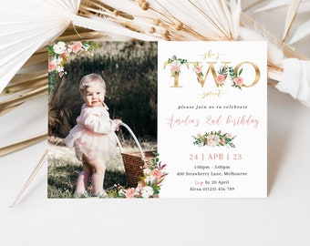 May include: A pink and gold birthday invitation with floral accents. The invitation says "She's Two Sweet" and includes a photo of a young girl in a pink dress. The invitation details include the date, time, location, and RSVP information.